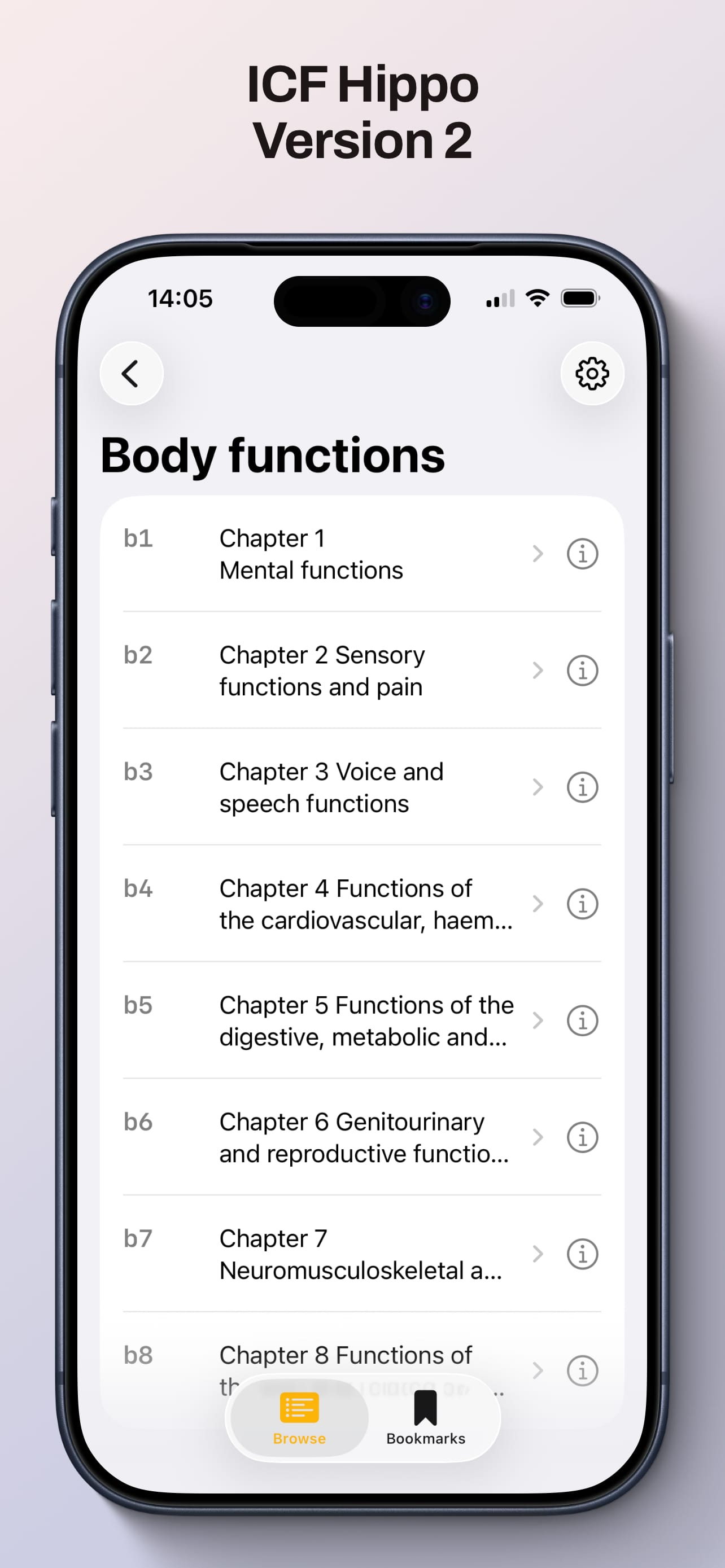 Screenshot der ICF Hippo App mit Suchansicht und ICF-Inhalten